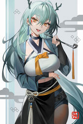  absurdres aqua_hair belt black_belt black_choker black_shorts breasts chinese_clothes choker chungla commentary cowboy_shot cropped_shirt dragon_horns earrings female hair_between_eyes highres holding holding_smoking_pipe horns index_finger_raised jewelry large_breasts long_hair long_sleeves looking_at_viewer midriff open_mouth orange_eyes original pantyhose shirt shorts smile smoking_pipe solo teeth upper_teeth_only very_long_hair white_shirt 