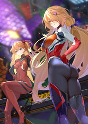  2girls absurdres adapted_costume adjusting_clothes adjusting_leotard ass black_pantyhose black_thighhighs blonde_hair blue_eyes blurry blurry_background bodysuit breasts cleavage closed_mouth cosplay depth_of_field eva_01 evangelion:_3.0_you_can_(not)_redo from_behind gloves hair_over_one_eye hand_on_own_hip highleg highleg_leotard highres interface_headset large_breasts lazgear leotard long_hair looking_at_viewer looking_back medium_breasts multiple_girls nemesis_(tower_of_fantasy) neon_genesis_evangelion one_side_up pantyhose pilot_suit plugsuit rebuild_of_evangelion red_bodysuit red_eyes red_gloves red_leotard sitting smile souryuu_asuka_langley souryuu_asuka_langley_(cosplay) standing thighhighs tower_of_fantasy twisted_torso very_long_hair 