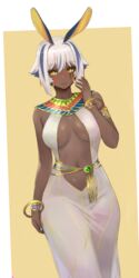  absurdres animal_ears armlet bare_shoulders belly_chain black_hair bracelet breasts center_opening cleavage colored_inner_hair dark-skinned_female dark_skin dress earrings egyptian egyptian_clothes facepaint facial_mark fate/grand_order fate_(series) female gold_trim highres hoop_earrings jackal_ears jewelry large_breasts looking_at_viewer multicolored_hair navel nitocris_(fate) nitocris_alter_(fate) nitocris_alter_(milky_way)_(fate) raskasar see-through short_hair sidelocks solo streaked_hair usekh_collar white_dress white_hair yellow_eyes 