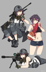  :d absurdres bare_shoulders baseball_cap black_hair black_jacket black_shorts blaser_r93 bolt_action breasts candy closed_mouth clothes_around_waist commentary_request cropped_legs dolphin_shorts ear_protection female food food_in_mouth gradient_hair grey_background grey_footwear grey_headwear grey_pants gun hair_between_eyes hat highres holding holding_candy holding_food holding_gun holding_lollipop holding_weapon jacket jacket_around_waist knees_up lollipop lying medium_breasts multicolored_hair multiple_views navel ndtwofives oerba_yun_fang on_stomach orange_eyes original pants purple_hair red_tank_top rifle scope shoes short_shorts shorts simple_background smile sniper_rifle sweat tank_top twitter_username weapon 