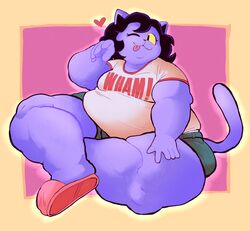  2024 anarchoblues anthro blep catty_(undertale) clothing domestic_cat felid feline felis female footwear fur heart hi_res mammal obese obese_anthro obese_female one_eye_closed overweight overweight_anthro overweight_female purple_body purple_fur shoes slippers solo tongue tongue_out undertale_(series) wink 