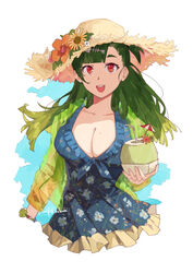  :d artist_name blue_dress breasts chinese_commentary cleavage coconut_cup cropped_torso cup dress female fish_skeleton_hair_ornament floral_print flower frilled_dress frills g28_(girls&#039;_frontline) g28_(tropical_storm)_(girls&#039;_frontline) girls&#039;_frontline green_hair hat hat_flower hei_chuan_gui highres holding holding_cup jacket large_breasts long_hair mole mole_on_breast official_alternate_costume one_side_up open_mouth red_eyes see-through see-through_jacket simple_background smile straight-on straw_hat sun_hat teeth upper_teeth_only 