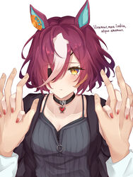  1other absurdres animal_ears black_jacket black_shirt blush breasts brown_hair cleavage closed_mouth commentary ear_ornament eyepatch female hair_between_eyes highres holding_hands horse_ears horse_girl jacket latin_text long_sleeves looking_at_viewer medium_breasts multicolored_hair pendant_choker pitsugi shirt short_hair simple_background solo_focus streaked_hair tanino_gimlet_(umamusume) translated umamusume upper_body white_background white_hair yellow_eyes 