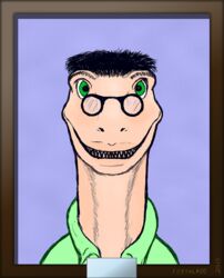  after_transformation clothed clothing deinonychus demi_transformation dinosaur dr._nychus dromaeosaurid employee_of_the_month extinct eyewear feral glasses green_eyes hair looking_at_viewer male portrait postalroo prehistoric_species reptile scalie sharp_teeth smile solo story story_in_description teeth theropod uncanny_valley 