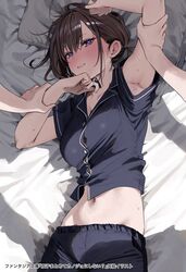  2girls arm_up armpits bed black_pants black_shirt blue_eyes blush breasts brown_hair chigusa_minori cleavage commentary_request cropped_shirt female_pov from_above futago_matomete_kanojo_ni_shinai? hand_on_another&#039;s_arm highres large_breasts long_hair looking_at_viewer lying midriff multiple_girls navel nose_blush on_back on_bed open_mouth pants pillow pov pov_hands shadow shirt short_sleeves solo_focus stomach sweat teeth translation_request usami_chikage 