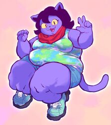  2024 anarchoblues anthro bottomwear catty_(undertale) clothing deltarune domestic_cat fangs felid feline felis female full-length_portrait fur gesture hand_gesture hi_res mammal overweight overweight_anthro overweight_female portrait purple_body purple_fur shirt shorts solo tank_top teeth thick_thighs topwear undertale_(series) v_sign yellow_sclera 