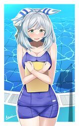  :o a.nori absurdres animal_ears artist_name blue_one-piece_swimsuit border breasts cleavage commentary_request competition_school_swimsuit cowboy_shot crossed_arms ear_covers ear_ornament ear_ribbon female gradient_ribbon grey_eyes grey_hair highres hishi_miracle_(umamusume) holding holding_kickboard horse_ears horse_girl horse_tail hugging_object kickboard looking_at_viewer medium_breasts medium_hair nervous o-ring official_alternate_costume one-piece_swimsuit parted_bangs parted_lips pool poolside raised_eyebrows ribbon school_swimsuit simple_background single_vertical_stripe solo standing sweatdrop swept_bangs swimsuit tail tail_through_clothes thighs tracen_swimsuit umamusume white_background white_border white_ribbon yellow_ribbon 