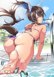  alternate_costume american_flag american_flag_bikini american_flag_print animal_ears aoi_takeru ass barefoot bikini blue_hair blue_sky breasts brown_hair colored_inner_hair commentary_request daitaku_helios_(umamusume) day ear_covers ear_piercing facial_tattoo feet female flag_print foot_focus from_behind grin hair_between_eyes horse_ears horse_girl horse_tail long_hair looking_at_viewer medium_breasts multicolored_hair piercing pool pool_ladder poolside print_bikini side-tie_bikini_bottom side_ponytail sky smile soles solo standing standing_on_one_leg streaked_hair swimsuit tail tattoo toes umamusume water wet yellow_eyes 