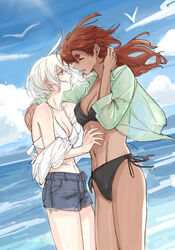  2girls abs bikini black_bikini breasts closed_eyes commentary cowboy_shot dark-skinned_female dark_skin day deerwhisky denim denim_shorts dutch_angle green_shirt gundam gundam_suisei_no_majo hand_on_another&#039;s_shoulder highres interracial jewelry long_hair looking_at_another miorine_rembran multiple_girls navel ocean open_clothes open_shirt outdoors parted_lips red_hair ring shirt short_hair shorts smile suletta_mercury swimsuit thick_eyebrows water wedding_ring white_bikini white_hair wife_and_wife yuri 