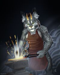  anthro anvil apron apron_only brown_markings clothing digital_media_(artwork) digital_painting_(artwork) ear_tuft felid feline female fluffy fluffy_ears fur green_eyes grey_body grey_fur hammer hi_res horn khajiit lynx mammal markings metal microsoft ponynok smithing solo strong_female the_elder_scrolls tongs tools tuft white_markings 