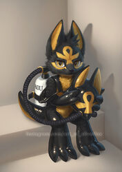  2021 air_hose air_tank ankh anthro anubian_jackal anubis armor black_body black_fur canid canine canis clothed clothing deity egyptian_mythology fur hazard_suit headgear helmet holding_object inside jackal latex latex_clothing looking_at_viewer male mammal middle_eastern_mythology mythology pupils silverfox5213 slit_pupils yellow_body yellow_eyes yellow_fur 