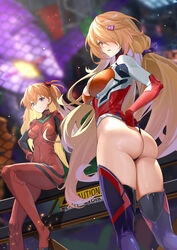  2girls absurdres adapted_costume adjusting_clothes adjusting_leotard ass black_thighhighs blonde_hair blue_eyes blurry blurry_background bodysuit breasts cleavage closed_mouth cosplay depth_of_field eva_01 evangelion:_3.0_you_can_(not)_redo from_behind gloves hair_over_one_eye hand_on_own_hip highleg highleg_leotard highres interface_headset large_breasts lazgear leotard long_hair looking_at_viewer looking_back medium_breasts multiple_girls nemesis_(tower_of_fantasy) neon_genesis_evangelion one_side_up pilot_suit plugsuit rebuild_of_evangelion red_bodysuit red_eyes red_gloves red_leotard sitting smile souryuu_asuka_langley souryuu_asuka_langley_(cosplay) standing thighhighs thighs tower_of_fantasy twisted_torso very_long_hair 