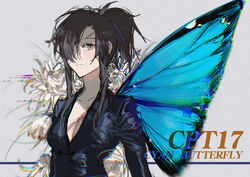  absurdres angelia_(girls&#039;_frontline) black_hair black_shirt blueblossom breasts brown_eyes butterfly_wings cleavage closed_mouth commentary english_commentary english_text female girls&#039;_frontline hair_over_one_eye highres insect_wings long_hair long_sleeves scar scar_on_cheek scar_on_chest scar_on_face scar_on_forehead shirt sidelocks solo upper_body wings 