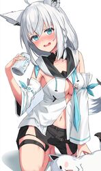  absurdres ahoge animal_ear_fluff animal_ears aqua_eyes ars_rg0412 blush braid breasts cleavage drunk female fox_ears fox_girl fox_tail grey_hair highres hololive hood hoodie long_hair looking_at_viewer medium_breasts open_mouth shirakami_fubuki shirakami_fubuki_(1st_costume) single_braid solo tail virtual_youtuber white_hair white_hoodie 