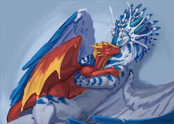  ambiguous_gender blue_body blue_eyes blue_feathers blue_markings cheek_spikes claws cuddling deanosaior deanosaior_(character) dragon duo facial_spikes feathered_dragon feathered_scalie feathered_wings feathers feral hi_res horn mane markings membrane_(anatomy) membranous_wings mythological_creature mythological_scalie mythology orange_claws orange_horn orange_mane quadruped red_body red_scales scales scalie size_difference spikes spikes_(anatomy) tail white_body white_feathers wings yellow_eyes 