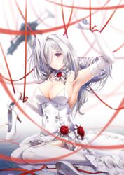  blurry blurry_background braid breasts cleavage dress dress_flower elbow_gloves entangled female g36c_(girls&#039;_frontline) g36c_(you_who_steps_up)_(girls&#039;_frontline) girls&#039;_frontline gloves h&amp;k_g36c hachiware_(8ware63) hair_over_one_eye high_heels highres long_hair looking_at_viewer official_alternate_costume red_eyes red_ribbon ribbon sitting solo thighhighs unworn_footwear wariza wedding_dress white_footwear white_gloves white_hair white_thighhighs 