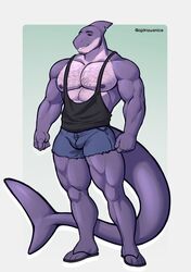  ajdrawsnice anthro beard body_hair bottomwear chest_hair cleavage_cutout clothing facial_hair fish flip_flops footwear gael_(audaz) hi_res male marine muscular sandals shark shorts solo standing 