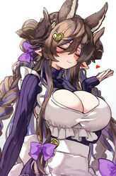  animal_ears apron blush bow braid breasts brown_hair cleavage cleavage_cutout closed_eyes clothing_cutout cosplay extra_ears female galleon_(granblue_fantasy) granblue_fantasy hair_between_eyes hair_ornament hairbow heart heart_hair_ornament highres horns large_breasts long_hair multicolored_hair narmaya_(granblue_fantasy) narmaya_(granblue_fantasy)_(cosplay) narmaya_(valentine)_(granblue_fantasy) osakana_(rrg0123) pointy_ears purple_bow purple_sweater smile solo streaked_hair sweater turtleneck turtleneck_sweater very_long_hair 