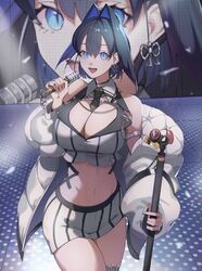  absurdres blue_eyes blue_hair breasts cleavage coat contrapposto cosplay duplicate female goddess_of_victory:_nikke highres holding holding_microphone hololive hololive_english idol idol_clothes large_breasts looking_at_viewer microphone microphone_stand necktie noise_(classic_diva)_(nikke) noise_(nikke) noise_(nikke)_(cosplay) o22no open_mouth ouro_kronii puffy_coat puffy_sleeves smile solo stage stage_lights striped_clothes twisted_torso vertical-striped_clothes vertical-striped_necktie virtual_youtuber 