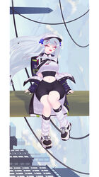  absurdres alternate_costume aqua_hair backpack bag bike_shorts black_shorts blunt_bangs crop_top female food_delivery_box full_body girls&#039;_frontline highres hk416_(girls&#039;_frontline) insulated_delivery_bag jacket long_hair loose_socks navel off_shoulder open_clothes open_jacket shinyozura shirt shorts sideways sitting skyline socks teardrop teardrop_facial_mark uber_eats visor_cap white_shirt 