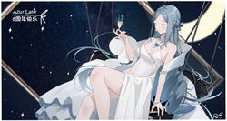  absurdres alcohol azur_lane bare_shoulders blue_hair blush border breasts champagne champagne_(adulation_eternal)_(azur_lane) champagne_(azur_lane) champagne_flute closed_eyes closed_mouth copyright_name cup dress drinking_glass female hand_up highres holding holding_cup jewelry long_hair necklace official_alternate_costume outside_border ping_zhong_yu ring signature small_breasts smile solo very_long_hair wedding_dress wedding_ring white_border 