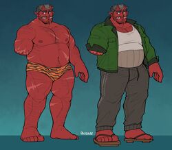  1boy absurdres amputee animal_print back_hair bara belly black_hair chiseled_face colored_skin demon_boy demon_horns fat foot_hair full_body hairy hand_hair highres hiroto_(dick_gumshoe) horns huge_eyebrows jacket large_feet large_hands large_pectorals loincloth male_focus mature_male monster_boy multiple_views muscular muscular_male navel navel_hair nipples notched_ear oni open_clothes open_jacket original pants pectoral_cleavage pectorals pointy_ears purple_eyes racesolar red_oni red_skin scar scars_all_over second-party_source short_hair skin-covered_horns slippers sparse_chest_hair sparse_leg_hair sparse_navel_hair standing stomach strongman_waist thick_arm_hair thick_thighs thighs tiger_print too_many topless_male track_pants tusks 