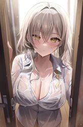  absurdres black_bra bra bra_visible_through_clothes breasts bust_cup cleavage collarbone commentary crossed_bangs door_handle door_lock doorway female grey_hair hair_between_eyes highres honkai:_star_rail honkai_(series) impossible_clothes impossible_shirt kithera large_breasts looking_at_viewer medium_hair neck_ribbon open_door partially_unbuttoned pov pov_doorway ribbon see-through see-through_shirt shirt solo stelle_(honkai:_star_rail) symbol-only_commentary trailblazer_(honkai:_star_rail) underwear undone_neck_ribbon wet wet_clothes wet_shirt white_shirt yellow_eyes 