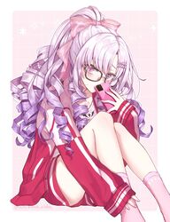  black-framed_eyewear blush border cellphone chikuwa_(rinka) covering_own_mouth drill_hair feet_out_of_frame female glasses gradient_hair grid_background hair_ornament hairclip highres holding holding_phone hyakumantenbara_salome hyakumantenbara_salome_(casual) jacket knees_together_feet_apart knees_up leaning_forward long_sleeves looking_at_viewer multicolored_hair nijisanji outside_border parted_bangs phone pink_background pink_eyes pink_socks pleated_skirt ponytail purple_hair red_jacket red_skirt sidelocks simple_background skirt sleeve_cuffs sleeves_past_wrists smartphone socks solo striped_clothes striped_jacket thighs twitter_username virtual_youtuber white_border white_hair 