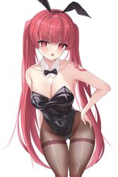  animal_ears ass_visible_through_thighs black_bow black_bowtie black_leotard black_pantyhose bow bowtie breasts cleavage detached_collar female highres konoha_(sound_voltex) leotard long_hair looking_at_viewer medium_breasts myjourney pantyhose playboy_bunny rabbit_ears red_eyes red_hair simple_background solo sound_voltex thigh_gap thighband_pantyhose twintails very_long_hair white_background wrist_cuffs 