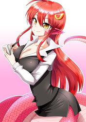  ahoge alternate_costume breasts cleavage collarbone commentary_request dress_shirt female hair_ornament hairpin houshi lamia large_breasts long_hair looking_at_viewer miia_(monster_musume) monster_girl monster_musume_no_iru_nichijou office_lady pencil_skirt pointy_ears red_hair scales shirt skirt slit_pupils smile solo tail yellow_eyes 