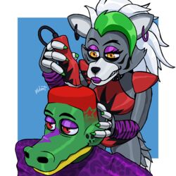  1:1 alternate_hairstyle animatronic anthro barber canid canine canis crocodile crocodilian crocodylid duo ear_piercing ear_ring electric_hair_clipper female five_nights_at_freddy&#039;s five_nights_at_freddy&#039;s:_security_breach haircut hairstyle_change half-closed_eyes hand_on_head hi-top_fade hi_res holding_object lipstick low_taper_fade_(meme) machine makeup male mammal montgomery_gator narrowed_eyes piercing reptile ring_piercing robot rodentgame roxanne_wolf scalie scottgames steel_wool_studios wolf 