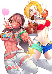  2girls abs andromeda_(fate) andromeda_(second_ascension)_(fate) armband belt bikini black_hair blonde_hair breasts brown_gloves brown_jacket calamity_jane_(fate) collared_jacket covered_nipples cropped_jacket dark-skinned_female dark_skin earrings facing_viewer fate/grand_order fate_(series) gloves green_armband green_eyes heart highres hoop_earrings jacket jewelry kikyouta large_breasts midriff multicolored_hair multiple_girls navel open_clothes open_jacket pants parted_lips pink_hair shorts simple_background smile star_(symbol) swimsuit teeth two-tone_hair white_background 