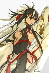  armor bare_shoulders black_hair black_shirt black_skirt breasts center_opening detached_sleeves eiki_(eikityou_55) facial_mark fate/grand_order fate_(series) female forehead_mark gold_trim green_eyes hair_between_eyes halterneck high_ponytail highres hip_vent japanese_armor layered_skirt long_hair medium_breasts multicolored_hair nagao_kagetora_(fate) shirt sideboob sidelocks skirt smile solo two-tone_hair uesugi_kenshin_(fate) uesugi_kenshin_(third_ascension)_(fate) very_long_hair white_background white_hair white_skirt wide_sleeves 