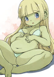  :o bare_arms bare_legs bare_shoulders barefoot belly bikini blonde_hair blue_eyes blunt_bangs breasts cleavage collarbone colored_skin dragon_quest dragon_quest_x dwarf dwarf_(dq10) eyelashes female green_skin large_ears leaning_back long_hair medium_breasts muramasa_mikado navel open_mouth plump shadow sitting solo straight_hair swimsuit white_background white_bikini 