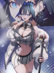  absurdres blue_eyes blue_hair breasts cleavage coat contrapposto cosplay female goddess_of_victory:_nikke highres holding holding_microphone hololive hololive_english idol idol_clothes large_breasts looking_at_viewer microphone microphone_stand necktie noise_(classic_diva)_(nikke) noise_(nikke) noise_(nikke)_(cosplay) o22no open_mouth ouro_kronii puffy_coat puffy_sleeves smile solo stage stage_lights standing striped_clothes twisted_torso vertical-striped_clothes vertical-striped_necktie virtual_youtuber 