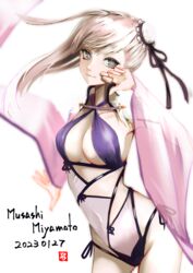  absurdres asymmetrical_hair blue_one-piece_swimsuit bow_swimsuit breasts bun_cover character_name cleavage criss-cross_halter dated fate/grand_order fate_(series) female hair_bun halterneck highres large_breasts long_hair looking_at_viewer miyamoto_musashi_(fate) miyamoto_musashi_(swimsuit_berserker)_(fate) miyamoto_musashi_(swimsuit_berserker)_(third_ascension)_(fate) multi-strapped_swimsuit multicolored_clothes multicolored_swimsuit one-piece_swimsuit pink_eyes pink_hair ribbon side-tie_swimsuit simple_background single_side_bun single_sidelock smile solo swept_bangs swimsuit thighs tsukaasa two-tone_swimsuit white_background white_one-piece_swimsuit wide_sleeves 