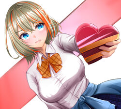  absurdres akai_watame blonde_hair blue_eyes blue_jacket blue_skirt blush bow bowtie box breasts clothes_around_waist commentary_request cowboy_shot crossed_bangs dutch_angle female hair_between_eyes heart-shaped_box highres holding holding_box jacket jacket_around_waist large_breasts looking_to_the_side medium_bangs multicolored_hair nanashi_inc. open_mouth orange_bow orange_bowtie orange_hair plaid plaid_bow plaid_bowtie short_hair skirt solo touri_sei two-tone_hair valentine virtual_youtuber 