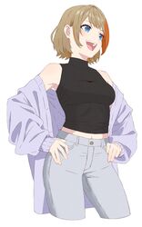  akitetsu black_shirt blue_eyes blush breasts cowboy_shot cropped_legs female grey_pants grey_shirt hands_on_own_hips highres light_brown_hair looking_afar medium_bangs medium_breasts midriff multicolored_hair nanashi_inc. open_mouth orange_hair pants shirt shirt_partially_removed short_hair simple_background sleeveless sleeveless_shirt smile solo teeth touri_sei touri_sei_(2nd_costume) turtleneck two-tone_hair upper_teeth_only virtual_youtuber white_background 