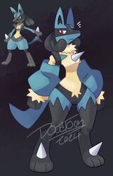  anthro artist_name black_background black_body black_fur blue_body blue_fur chest_spike doodtoon female fur generation_4_pokemon lucaria_(doodtoon) lucario nintendo pokemon pokemon_(species) red_eyes simple_background sleeves solo spikes spikes_(anatomy) tan_body tan_fur wide_hips 