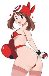  alternate_costume ass ass_focus bandana bare_arms bare_shoulders black_gloves blue_eyes blush breasts brown_hair cowboy_shot female garter_belt garter_straps gloves heart heart-shaped_pillow highres holding holding_pillow holding_poke_ball lingerie looking_at_viewer looking_back may_(pokemon) medium_breasts multicolored_clothes multicolored_gloves open_mouth pabsmikan pillow poke_ball pokemon pokemon_rse red_bandana red_thighhighs simple_background skindentation solo thick_thighs thighhighs thighs twitter_username two-tone_gloves underwear valentine white_background white_gloves 