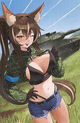  absurdres adjusting_bra adjusting_clothes animal_ear_fluff animal_ears armband bby bikini black_bikini blue_armband blush bra breasts brown_hair callisto_(greyeth) camouflage camouflage_bikini commission contrail cropped_jacket denim denim_shorts female grass hand_on_own_hip highres large_breasts leopard_2 long_hair military_vehicle motor_vehicle multicolored_hair navel one_eye_closed orange_eyes original outdoors ponytail short_shorts shorts smile solo streaked_hair swimsuit tank tongue tongue_out underwear very_long_hair 