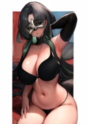  ai-generated arm_behind_head arm_up arm_warmers armpits azur_lane black_bra black_hair black_panties bra breasts cleavage domino_mask eye_mask female highres huan_ch&#039;ang_(azur_lane) iesyh large_breasts long_hair mask micro_panties navel panties single_sleeve sitting string_panties underwear underwear_only 