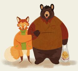  2023 absurd_res alternate_species anthro bear biped brown_body brown_fur canid canine clothing coat comedy_central duo fox fur furrification hi_res kyle_broflovski mammal orange_body orange_fur plastic_bag pononoin red_fox shirt simple_background slightly_chubby smiley_face south_park stanley_marsh topwear true_fox vest white_background 