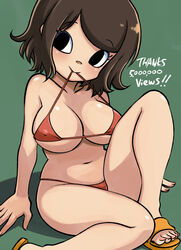  absurdres animal_crossing aqua_background averting_eyes bare_arms bare_shoulders bikini black_eyes breasts brown_hair cleavage closed_mouth collarbone covered_nipples female fingernails flip-flops head_tilt highres large_breasts mouth_hold muramasa_mikado murana_(muramasa_mikado) navel red_bikini sandals shadow short_hair sitting smile solo swept_bangs swimsuit toenails underboob villager_(animal_crossing) yellow_footwear 