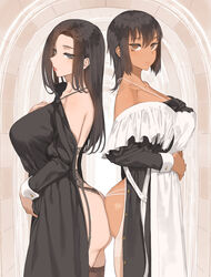  2girls ass ass_cutout backless_dress backless_outfit black_dress black_hair breasts brown_eyes closed_mouth clothing_cutout collarbone commentary dark-skinned_female dark_skin dress frilled_dress frills from_side highres large_breasts long_hair long_sleeves looking_at_viewer maid martha_(throtem) medium_hair multiple_girls original pantyhose red_lips standing thong throtem torako_(throtem) two-tone_dress white_pantyhose 