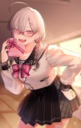  ahoge blush bow box braid breasts commentary_request female gift gift_box glasses gomo grey_hair hair_ornament hair_over_one_eye heart heart-shaped_box highres holding holding_gift large_breasts long_hair looking_at_viewer mole mole_under_eye nijisanji open_mouth purple_eyes school_uniform serafuku shirt skirt solo sukoya_kana sukoya_kana_(3rd_costume) twintails valentine virtual_youtuber white_hair 