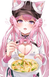  absurdres animal_ear_fluff animal_ears antenna_hair blush braid breasts cleavage_cutout clothing_cutout crown_braid female hair_between_eyes hair_bun hair_ornament hakui_koyori highres hololive large_breasts long_hair looking_at_viewer lucy_(rusi-juren328) official_alternate_costume open_mouth pink_hair purple_eyes smile solo sweets_paradise tail virtual_youtuber wolf_ears wolf_girl 