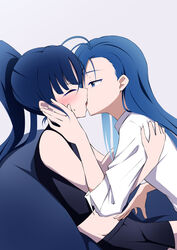  2girls absurdres ado_(utaite) ahoge black_shirt black_shorts blue_eyes blue_hair blush closed_eyes cloud_nine_inc commentary crop_top cropped_shirt french_kiss grey_background hand_on_another&#039;s_cheek hand_on_another&#039;s_face highres kissing long_hair looking_at_viewer merry_(ado) midriff multiple_girls naima_(ado) nori_(norinori_yrl) ponytail readymade_(ado) shirt shorts simple_background sleeves_past_elbows sweatdrop usseewa voice_actor_connection white_shirt yuri 