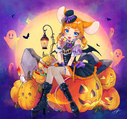  :3 absurdres animal_ears bat_(animal) blue_eyes blunt_bangs blush boots breasts candy claw_pose cleavage corset dress female fingernails fishnet_thighhighs fishnets food frilled_dress frills ghost hair_ribbon halloween halloween_bucket halloween_costume hat high_heel_boots high_heels highres indie_virtual_youtuber jack-o&#039;-lantern lantern lollipop long_fingernails low_twintails mau-chan_(7name) mini_hat mini_top_hat mouse_ears mouse_girl nail_polish naname_(7name) neck_ribbon oerba_yun_fang orange_hair original pumpkin ribbon see-through see-through_cleavage short_sleeves sitting smile solo spider_web_tattoo thick_eyebrows thighhighs tongue tongue_out top_hat twintails virtual_youtuber witch_hat 