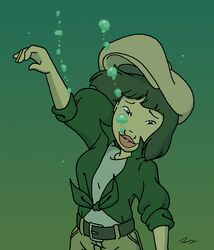  air_bubble belt clothed clothing female floating fully_clothed green_background half-length_portrait hat headgear headwear hi_res human human_only jbwarner86 looking_at_viewer mammal not_furry oversized_clothing portrait shoulder_length_hair simple_background solo underwater water 